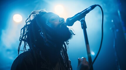 A man with dreadlocks passionately sings into a microphone, captured in a wide-angle shot from a...