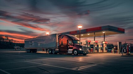 A semi truck parked at a gas station, refueling at one of the pumps with other vehicles in the background