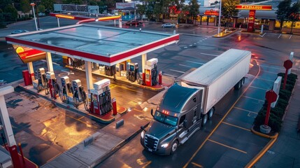 A commercial photograph showing a parked semitruck at a gas station, emphasizing the fuel pumps and surrounding area