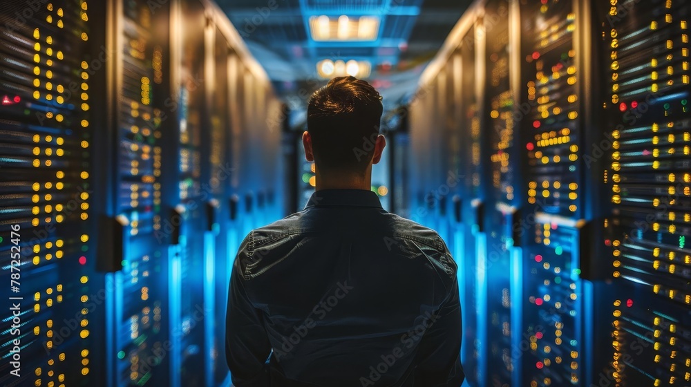 Aufkleber vigilant data center engineer monitoring supercomputer server cabinets cyber security concept