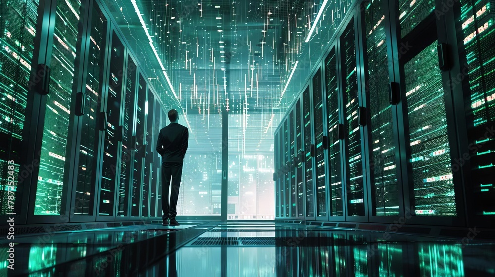 Poster vigilant data center engineer monitoring supercomputer server cabinets cyber security concept