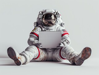 An astronaut sitting on the ground and using a laptop - obrazy, fototapety, plakaty