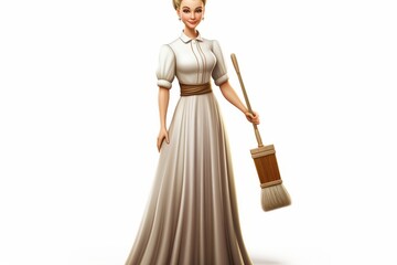 A woman in a white dress and apron holding a broom