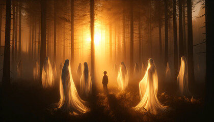 A scene featuring multiple ghostly figures hovering around a small child in a misty forest.