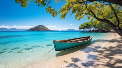 Fototapeta na wymiar Wooden boat on a tropical beach with crystal clear water