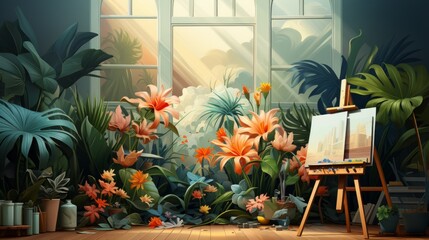 An artistic rendering of a lush indoor garden with an easel and painting in the foreground - obrazy, fototapety, plakaty