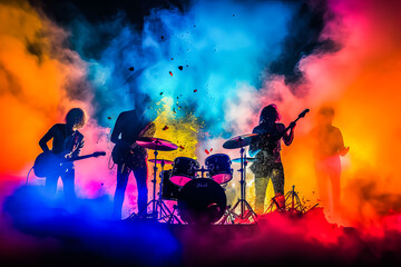 A band of three musicians playing instruments in front of a colorful smoke backdrop.