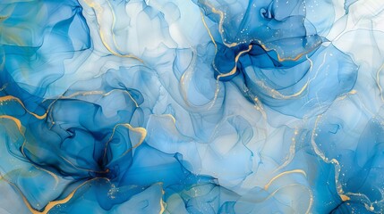 abstract marbled ink texture with blue flower petals and gold swirls artistic fluid painting