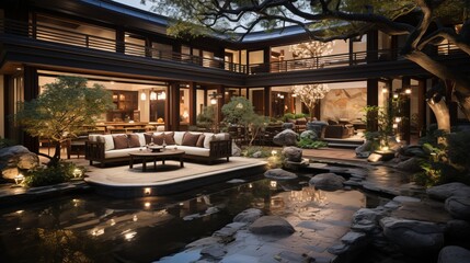Courtyard with a reflecting pool and a seating area - obrazy, fototapety, plakaty