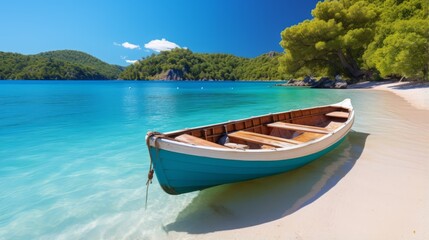 Obraz premium Wooden boat on a beach with crystal clear water