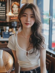 A beautiful Asian woman with long brown hair and brown eyes is sitting in a cafe.