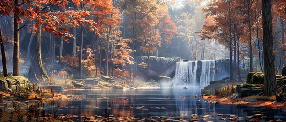 Fotobehang Autumn Waterfall in Forest Setting, Flowing Water Amidst Colorful Foliage, Scenic Natural Landscape © NURA ALAM