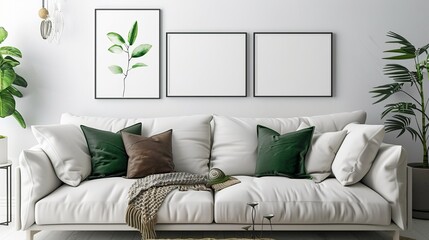 A living room with a white sofa, green pillows, and a plant