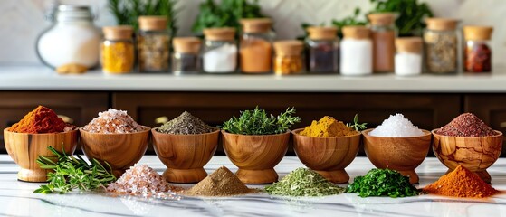 bowls of spices and herbs on a marble table