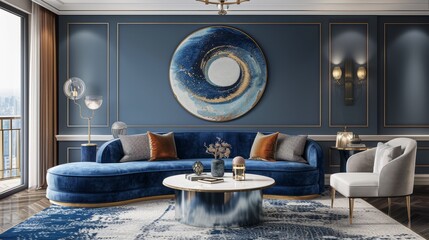 Blue and gold luxury living room interior design