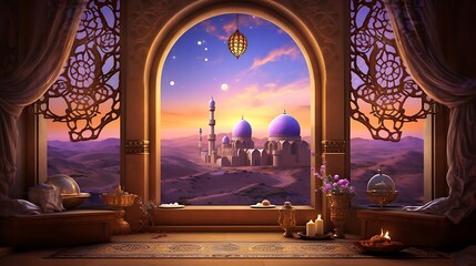 Against a tranquil backdrop of blues and purples, a gold 3D Arabian window stands as a beacon of...