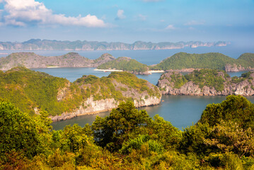 Sea landscape in Vietnam with many green islands. View from above
