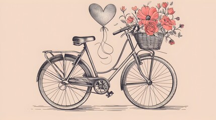 Eco-Friendly Transportation Illustrated: A Sketch of a Bicycle Adorned with Blooms and a Floating Heart