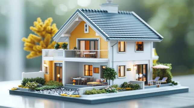 3D rendering of a beautiful two-story house with a garden