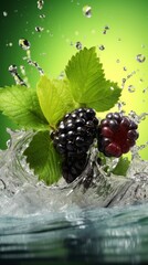 Blackberries and raspberries float gracefully in clear water
