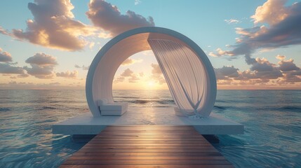 A dock extending into the ocean with a shaded lounge area - obrazy, fototapety, plakaty