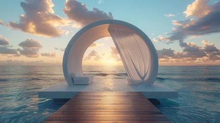 Fotobehang A dock extending into the ocean with a shaded lounge area © Adobe Contributor