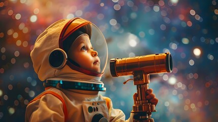 A child gazing at the stars through a telescope and dreaming of exploring outer space as a future astronaut