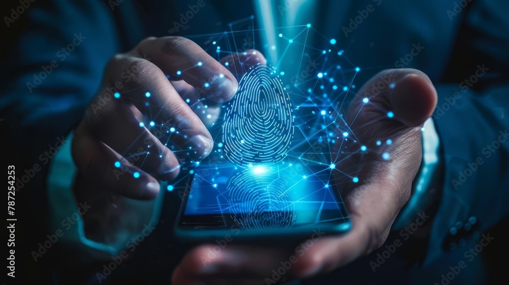 Poster cyber security concept with businessman using smartphone and digital fingerprint scanning