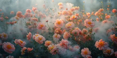 Close-up of a field of pink cosmos flowers with a dreamy fog - obrazy, fototapety, plakaty