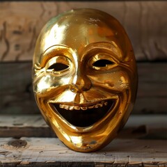 a gold mask on a wood surface