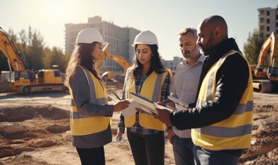 A diverse group of people gather around a bustling construction site, observing, discussing, and planning