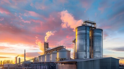 Obraz premium Diesel Refinery at Sunset: Industrial Energy Production in a Dramatic Landscape