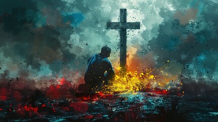 Man kneeling and praying in front of the cross. Digital watercolor painting