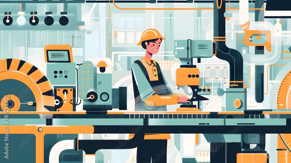 Poster harmonious coexistence: cheerful worker and futuristic production line symbolizing unprecedented eff