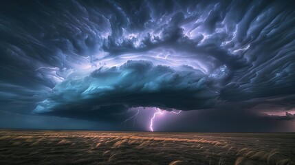 dramatic lightning strike in ominous dark clouds powerful nature photography - obrazy, fototapety, plakaty