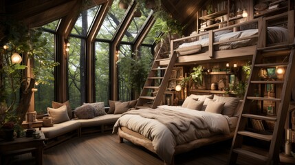 A cozy bedroom in a treehouse with a view of the forest - obrazy, fototapety, plakaty