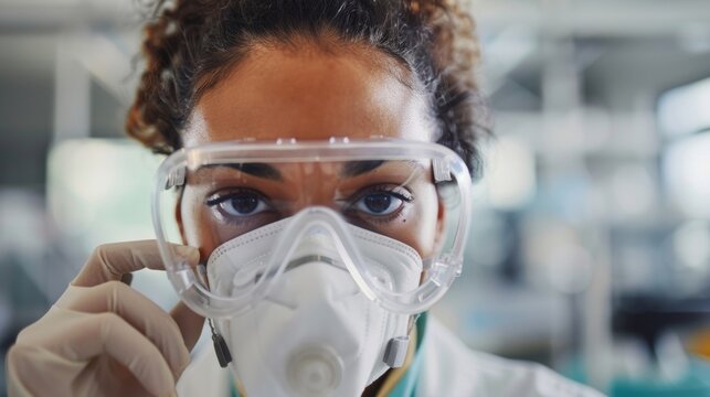 A female scientist with her hair tied back and wearing protective goggles carefully adjusting the ss of her respirator mask. The laboratory equipment behind her serves as a reminder .