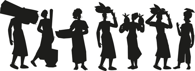 Silhouettes of African female farmers with fruits and vegetables. African peasants with harvest.