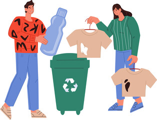 Banner for concept of recycling and reusing materials to protect the environment. people recycle plastics and other waste materials in containers to reduce waste and protect the environment.