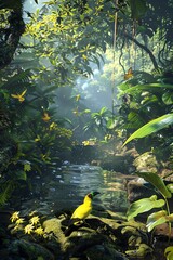 Explore a mystical forest canopy in virtual reality, filled with vibrant exotic bird species, lush foliage, and sparkling streams, captured in photorealistic detail