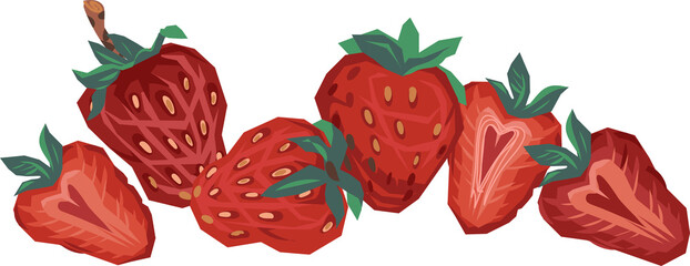 Strawberries for food label design, packaging and prints.  Elements for strawberry flavored products and decoration.