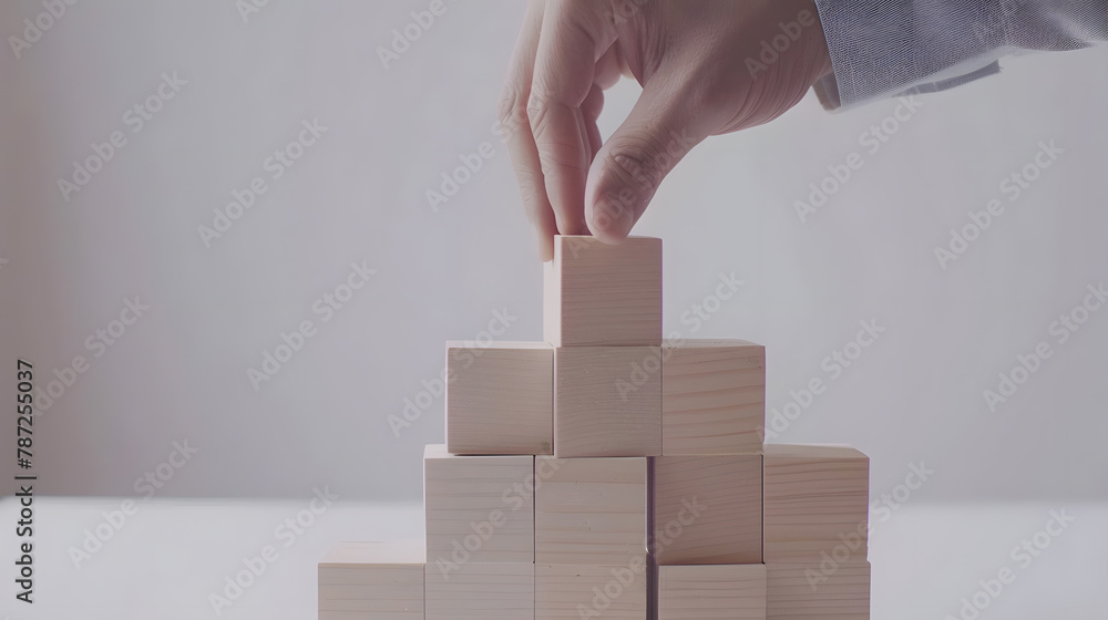 Aufkleber business growth concept male hands arranged stacked wooden blocks steps on white table future busine