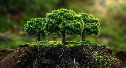 AI-generated illustration of green trees with visible roots on a mound of earth