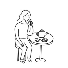 Young woman drink hot coffee from cup, doodle line. Breakfast in cafe. Hand drawn style vector illustration