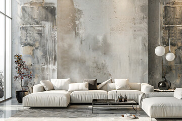 modern loft living room with a concrete textured wall background 