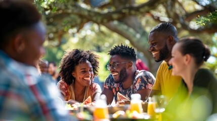 A diverse group of friends sit around a table enjoying a picnic in the park, laughing, and sharing food - Powered by Adobe