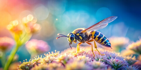 Blurred Summer Background with Wasp on flower Close up