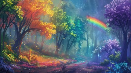 enchanted fantasy forest with shimmering rainbow and whimsical trees fairytale digital painting