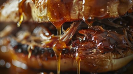 Close up of a sandwich with pulled pork and savory sauce, covered in syrup, showcasing its succulent layers and drips of sweetness - obrazy, fototapety, plakaty