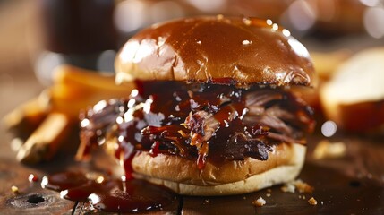 A close-up of a delicious pulled pork sandwich on a table, showcasing the layers of pork, soft buns, and savory sauce - obrazy, fototapety, plakaty